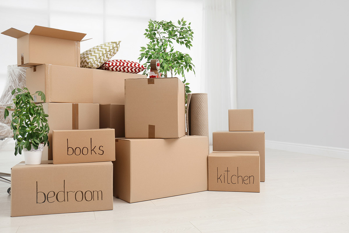 Pile of moving boxes in empty room