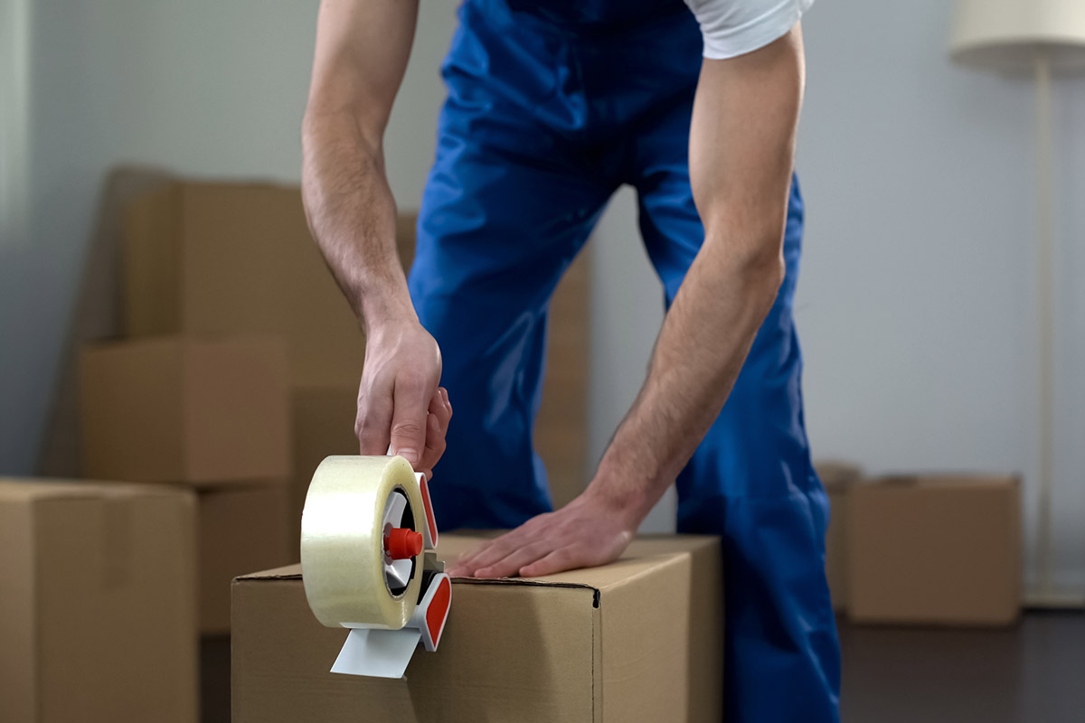 Moving company worker packing cardboard boxes, quality delivery services